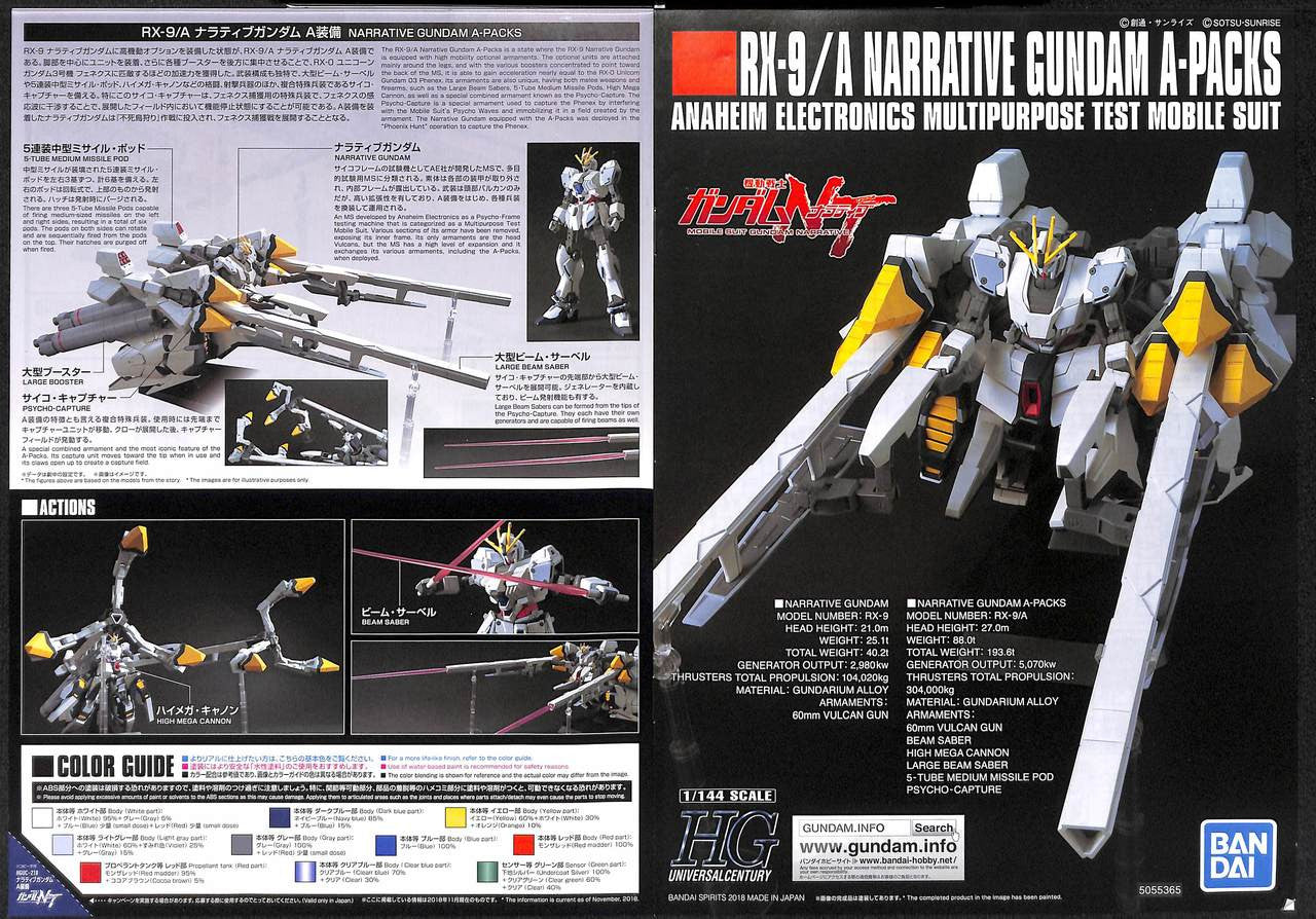 Bandai HGUC 218 RX-9/A Narrative Gundam A-Packs 1/144 Scale Kit